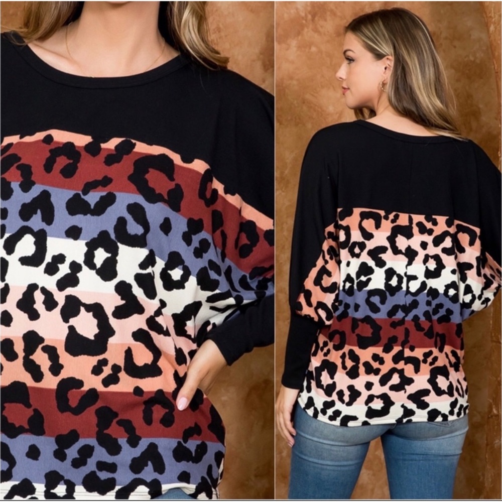 1 LEFT! Women's Cashmere Feel Leopard Printed Colorblock Stylish Fall Trendy Top - Picture 3 of 3
